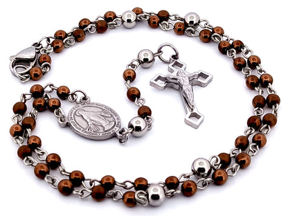 Miniature Miraculous medal unique rosary beads bronze hematite gemstone wearable rosary bead necklace with Saint Benedict crucifix.