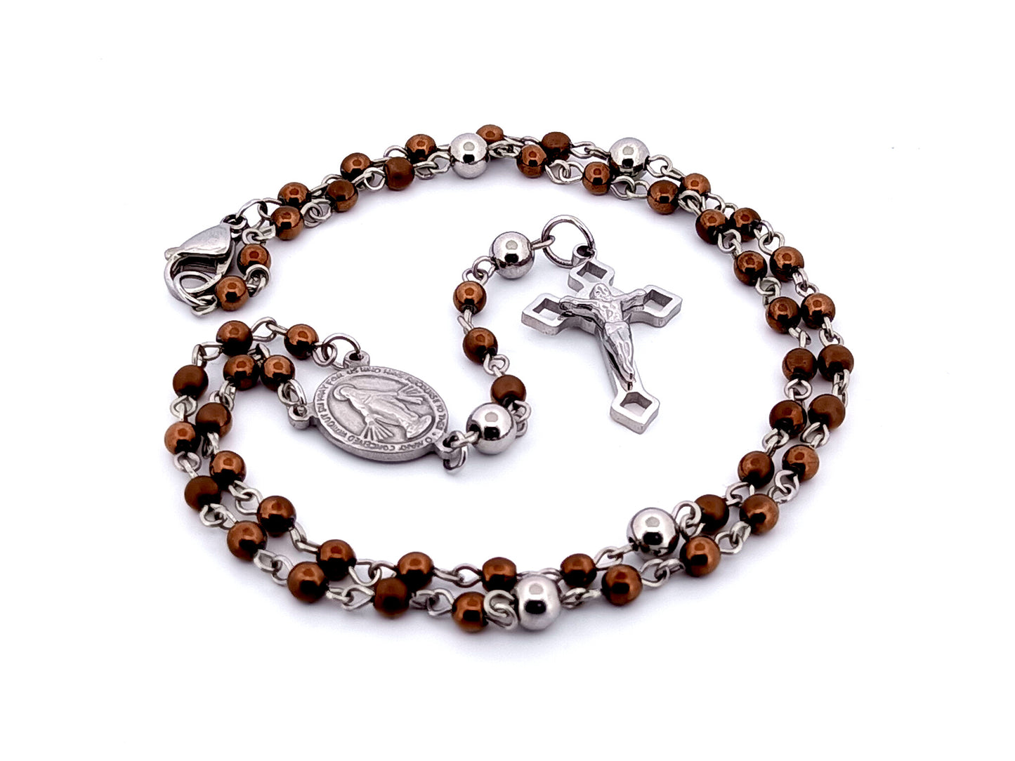 Miniature Miraculous medal unique rosary beads bronze hematite gemstone wearable rosary bead necklace with Saint Benedict crucifix.