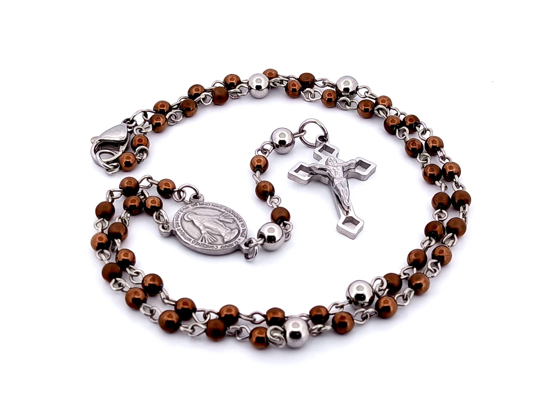 Miniature Miraculous medal unique rosary beads bronze hematite gemstone wearable rosary bead necklace with Saint Benedict crucifix.
