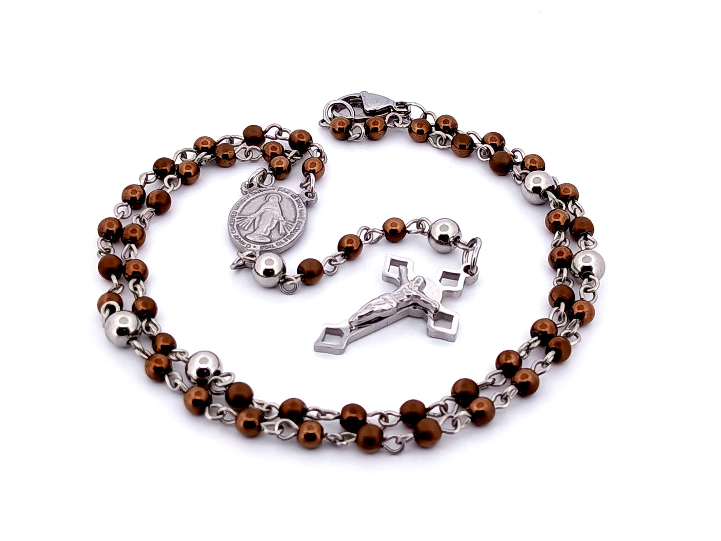 Miniature Miraculous medal unique rosary beads bronze hematite gemstone wearable rosary bead necklace with Saint Benedict crucifix.