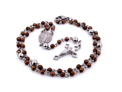 Miniature Miraculous medal unique rosary beads bronze hematite gemstone wearable rosary bead necklace with Saint Benedict crucifix.