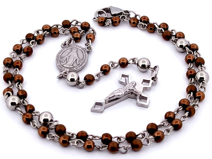 Miniature Miraculous medal unique rosary beads bronze hematite gemstone wearable rosary bead necklace with Saint Benedict crucifix.