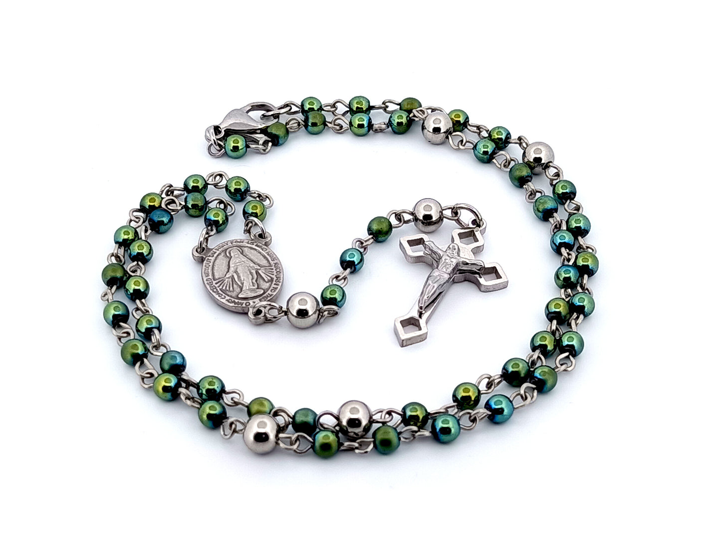 Miniature Miraculous unique rosary beads medal green hematite gemstone wearable rosary bead necklace with Saint Benedict crucifix.