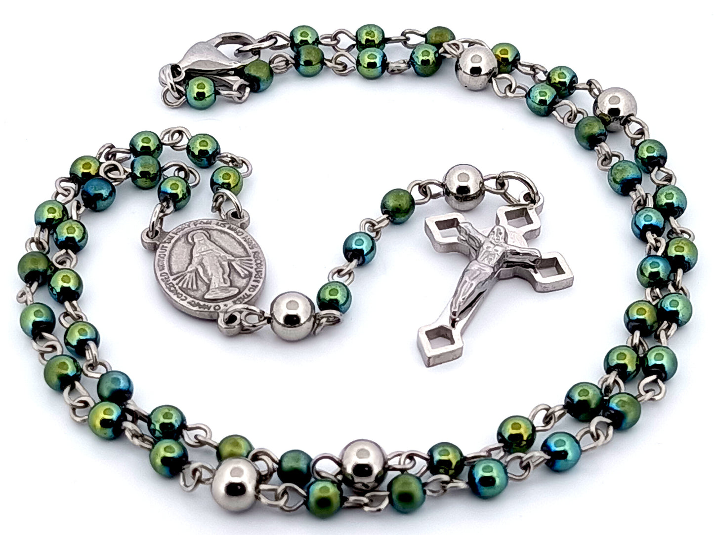 Miniature Miraculous unique rosary beads medal green hematite gemstone wearable rosary bead necklace with Saint Benedict crucifix.