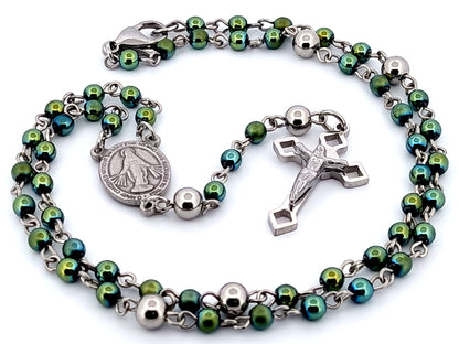 Miniature Miraculous unique rosary beads medal green hematite gemstone wearable rosary bead necklace with Saint Benedict crucifix.