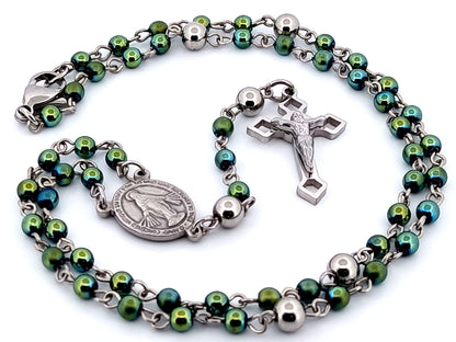 Miniature Miraculous unique rosary beads medal green hematite gemstone wearable rosary bead necklace with Saint Benedict crucifix.