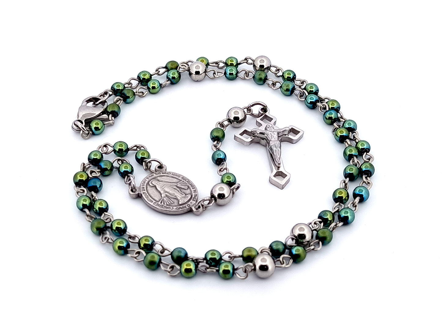 Miniature Miraculous unique rosary beads medal green hematite gemstone wearable rosary bead necklace with Saint Benedict crucifix.