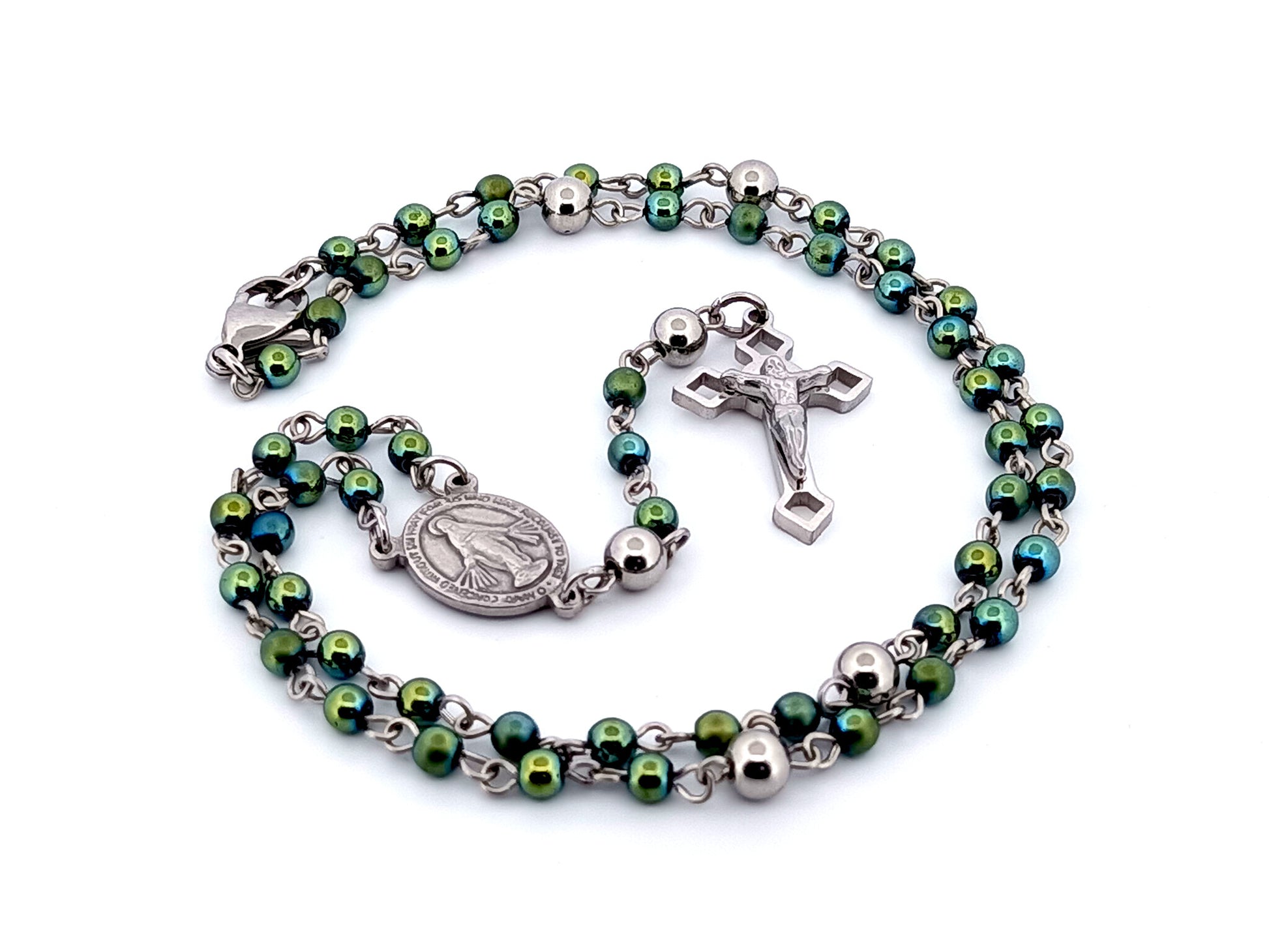 Miniature Miraculous unique rosary beads medal green hematite gemstone wearable rosary bead necklace with Saint Benedict crucifix.