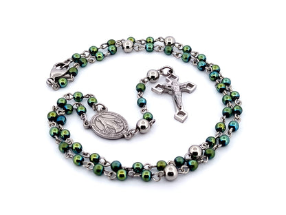 Miniature Miraculous unique rosary beads medal green hematite gemstone wearable rosary bead necklace with Saint Benedict crucifix.
