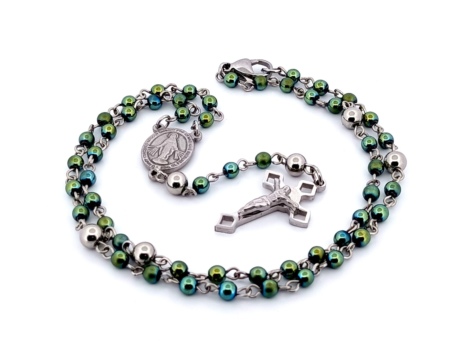 Miniature Miraculous unique rosary beads medal green hematite gemstone wearable rosary bead necklace with Saint Benedict crucifix.