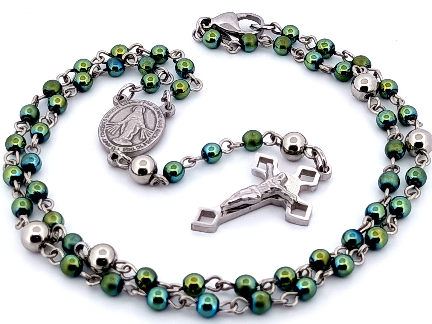 Miniature Miraculous unique rosary beads medal green hematite gemstone wearable rosary bead necklace with Saint Benedict crucifix.