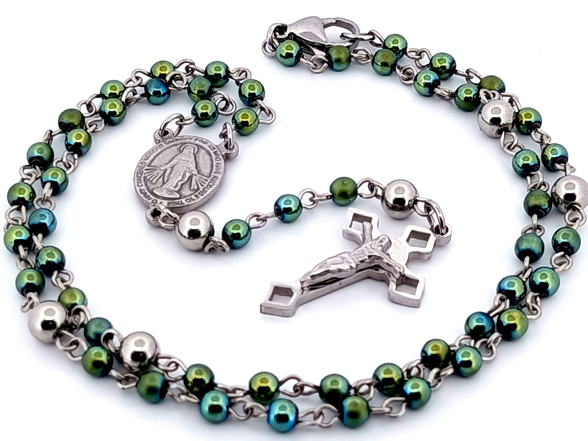 Miniature Miraculous unique rosary beads medal green hematite gemstone wearable rosary bead necklace with Saint Benedict crucifix.