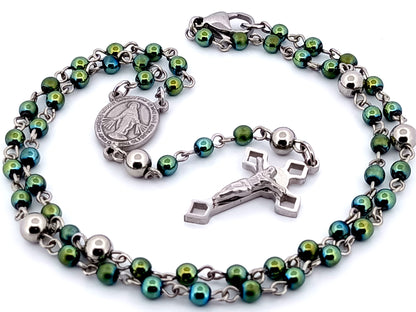 Miniature Miraculous unique rosary beads medal green hematite gemstone wearable rosary bead necklace with Saint Benedict crucifix.
