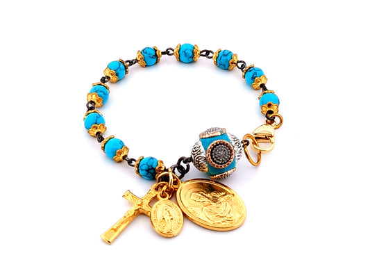 Our Lady of Mount Carmel unique rosary beads gemstone single decade rosary bracelet with enamel Our Father bead.