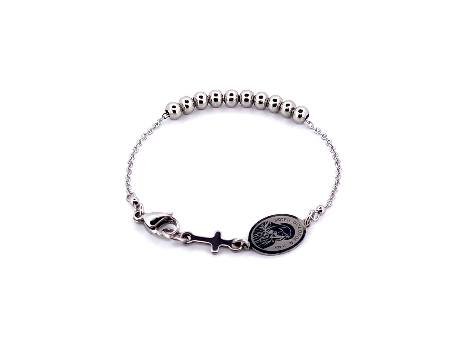 Our Lady of Sorrows unique rosary beads stainless steel single decade rosary bracelet with linking cross.