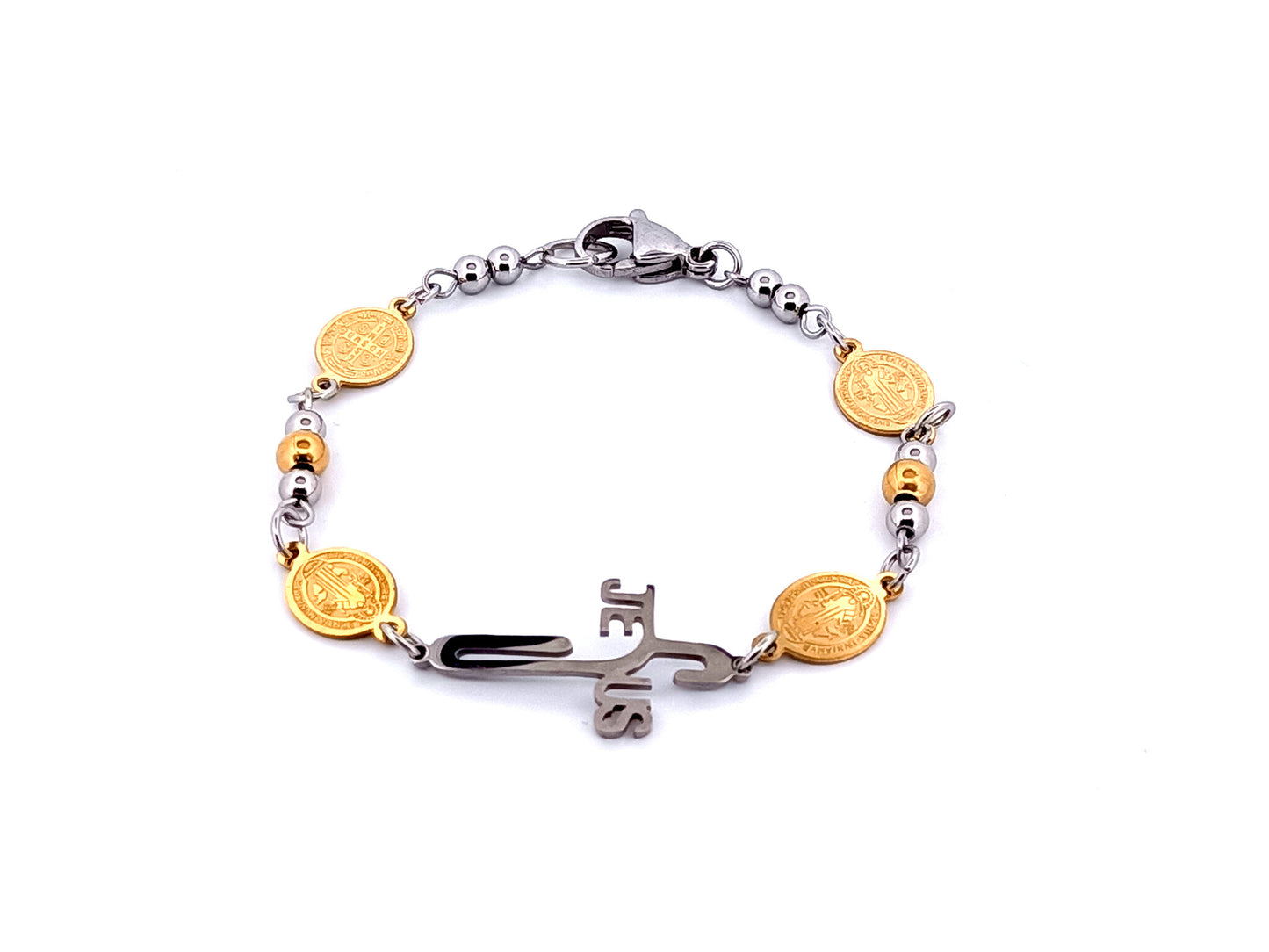 Saint Benedict unique rosary beads gold plated stainless steel bracelet with Jesus linking cross.