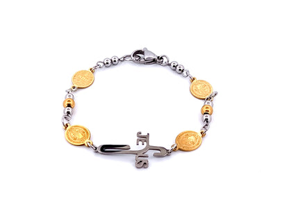 Saint Benedict unique rosary beads gold plated stainless steel bracelet with Jesus linking cross.