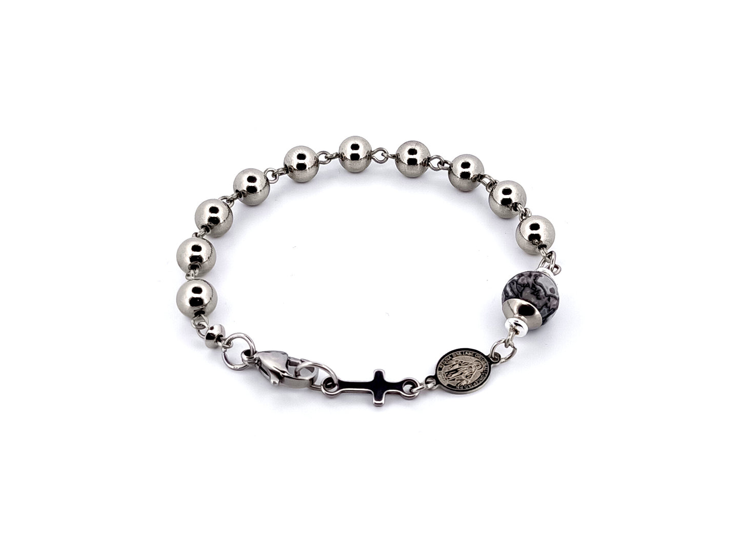 Men's unique rosary beads jasper gemstone and stainless steel single decade rosary bracelet with linking Miraculous medal.
