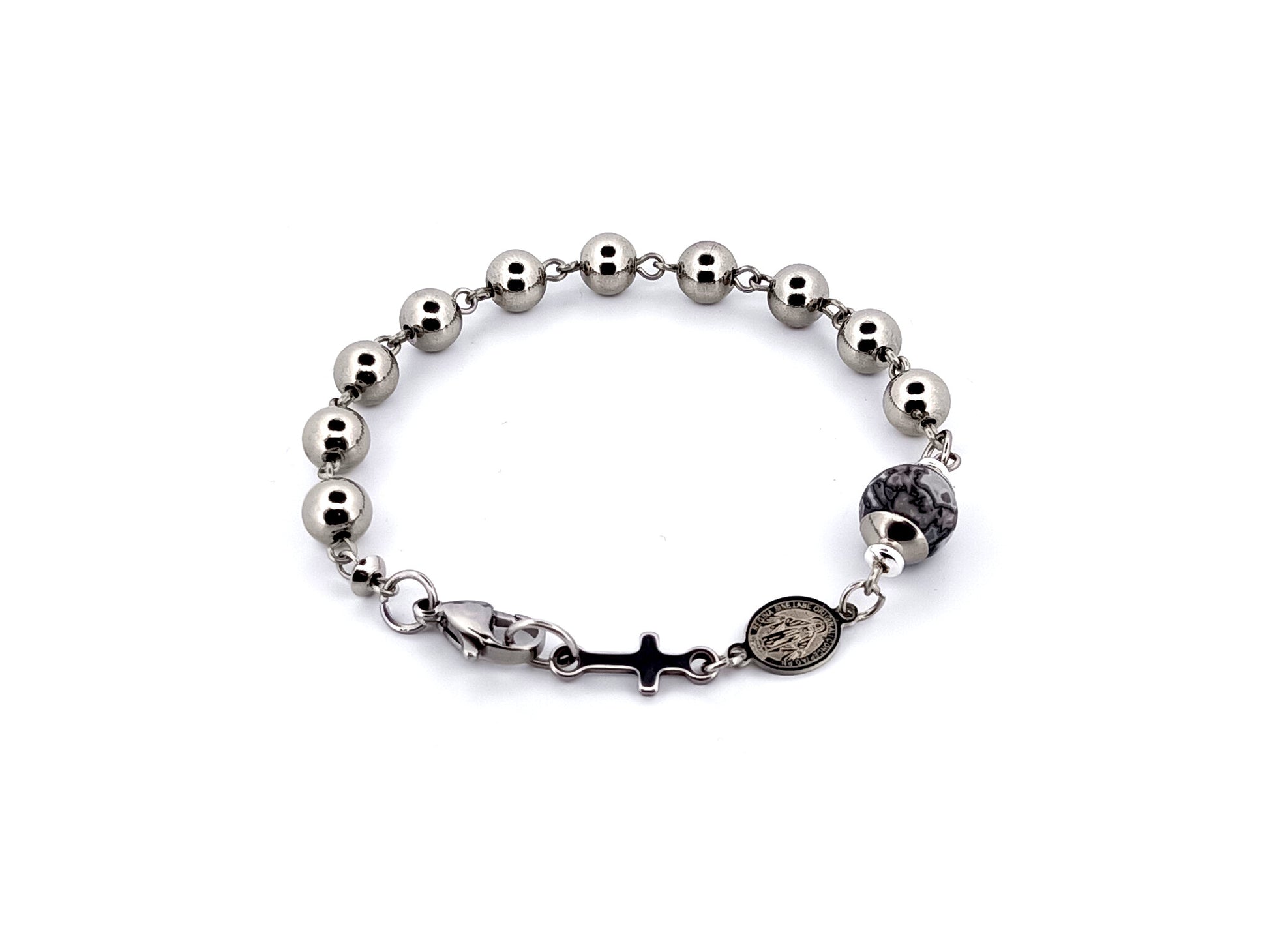 Men's unique rosary beads jasper gemstone and stainless steel single decade rosary bracelet with linking Miraculous medal.