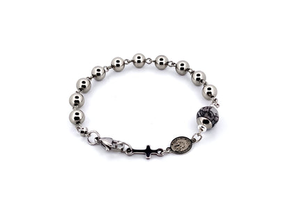 Men's unique rosary beads jasper gemstone and stainless steel single decade rosary bracelet with linking Miraculous medal.
