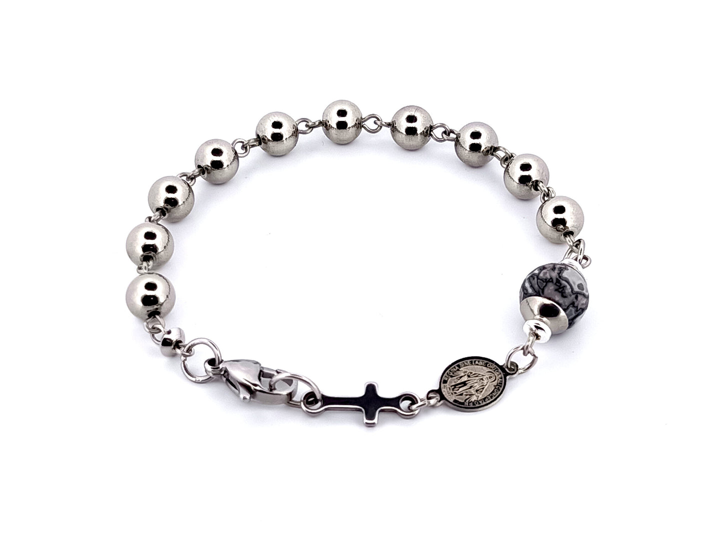 Men's unique rosary beads jasper gemstone and stainless steel single decade rosary bracelet with linking Miraculous medal.