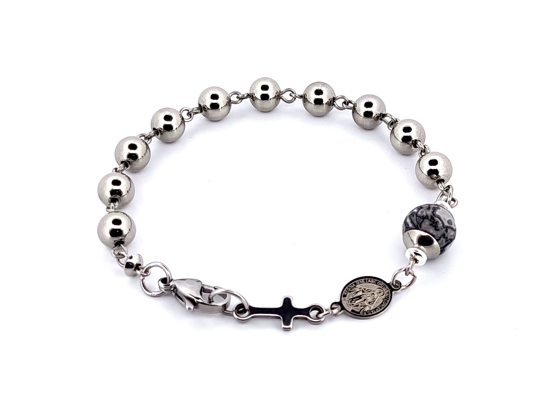 Men's unique rosary beads jasper gemstone and stainless steel single decade rosary bracelet with linking Miraculous medal.