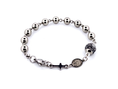 Men's unique rosary beads jasper gemstone and stainless steel single decade rosary bracelet with linking Miraculous medal.