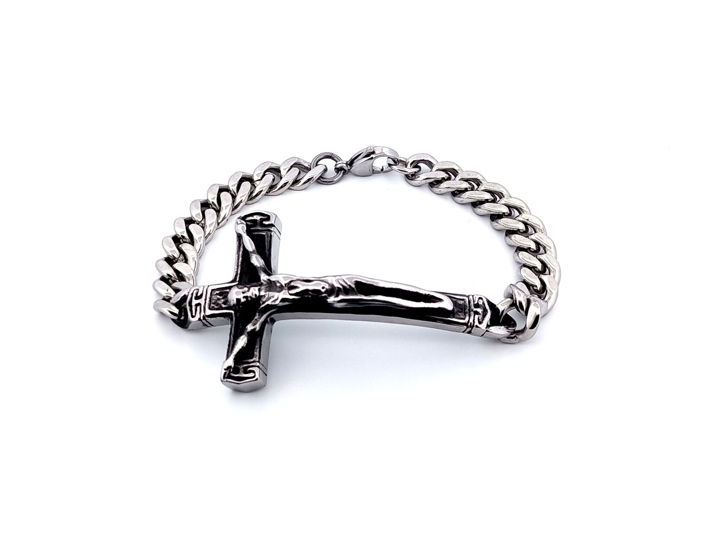 Men's large stainless steel crucifix bracelet with heavy duty stainless steel chain.