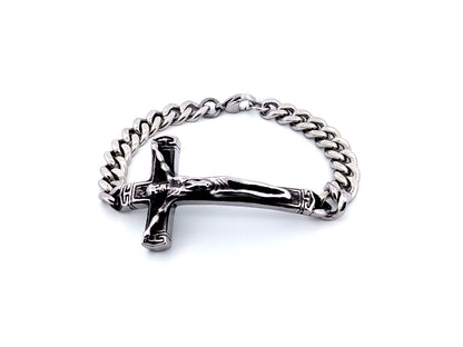 Men's large stainless steel crucifix bracelet with heavy duty stainless steel chain.