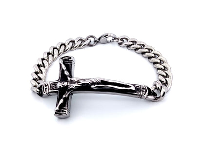 Men's large stainless steel crucifix bracelet with heavy duty stainless steel chain.