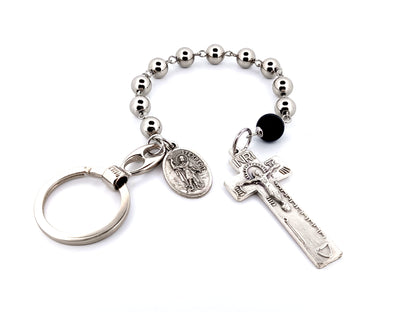 Saint Expedite unique rosary beads stainless steel single decade pocket rosary beads with Irish penal crucifix and loop clip.