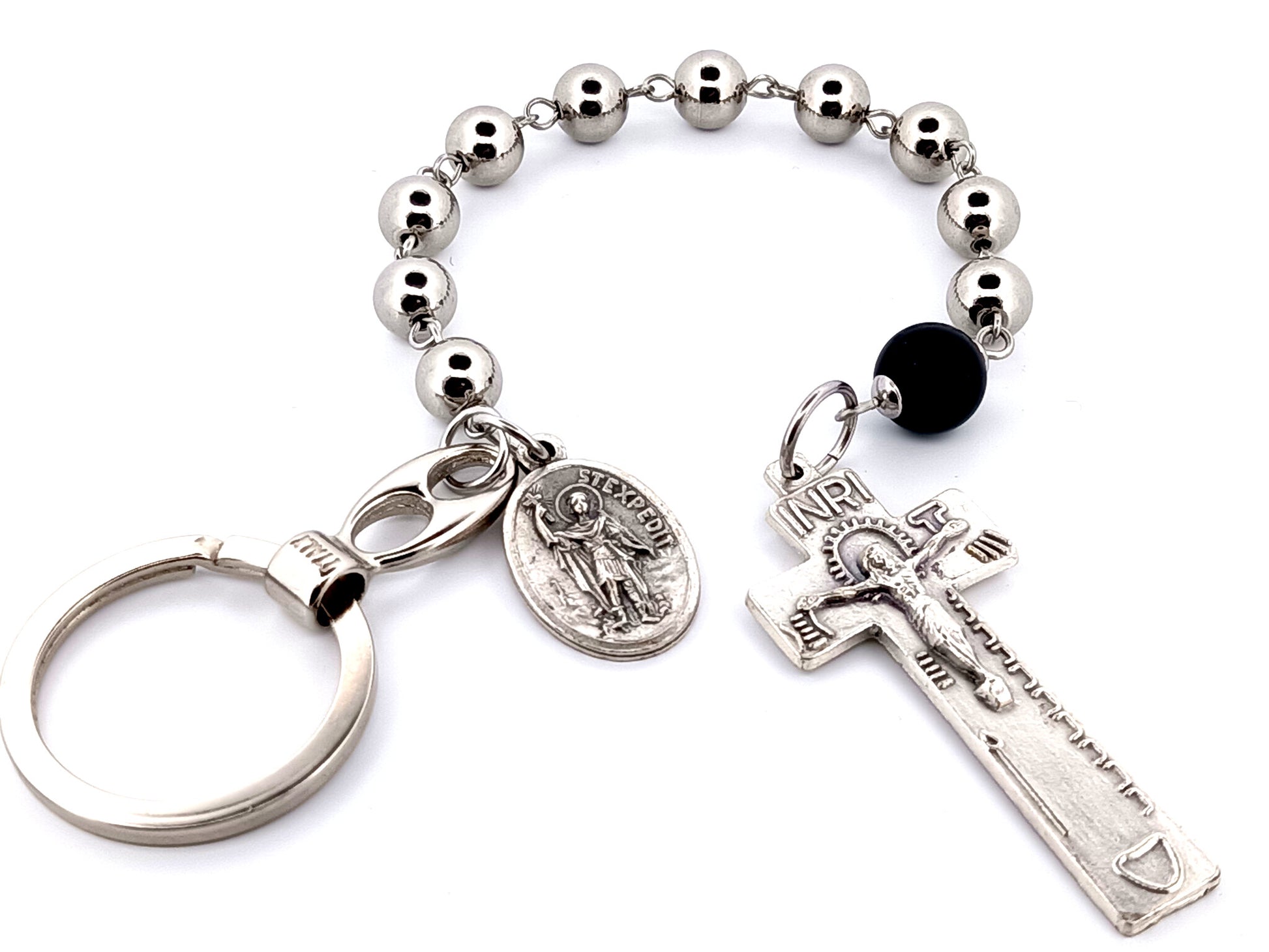 Saint Expedite unique rosary beads stainless steel single decade pocket rosary beads with Irish penal crucifix and loop clip.