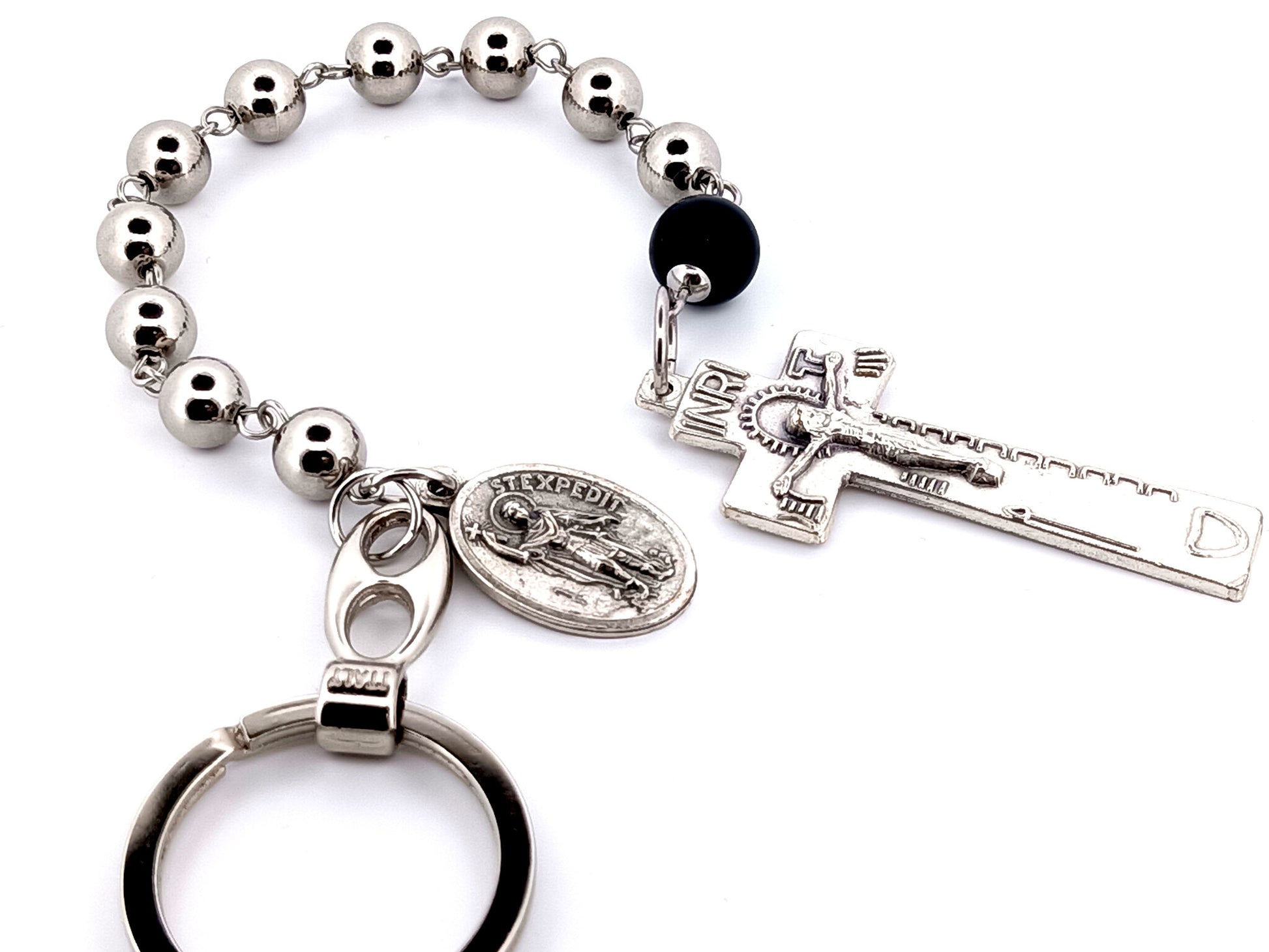 Saint Expedite unique rosary beads stainless steel single decade pocket rosary beads with Irish penal crucifix and loop clip.
