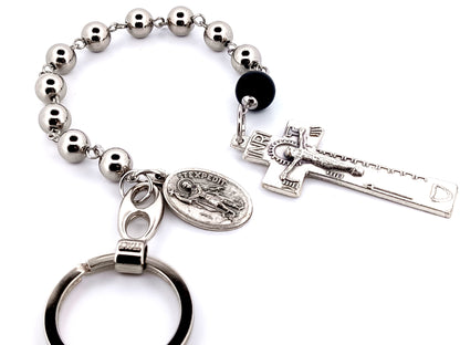 Saint Expedite unique rosary beads stainless steel single decade pocket rosary beads with Irish penal crucifix and loop clip.