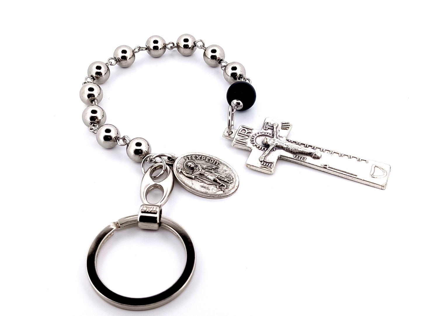 Saint Expedite unique rosary beads stainless steel single decade pocket rosary beads with Irish penal crucifix and loop clip.