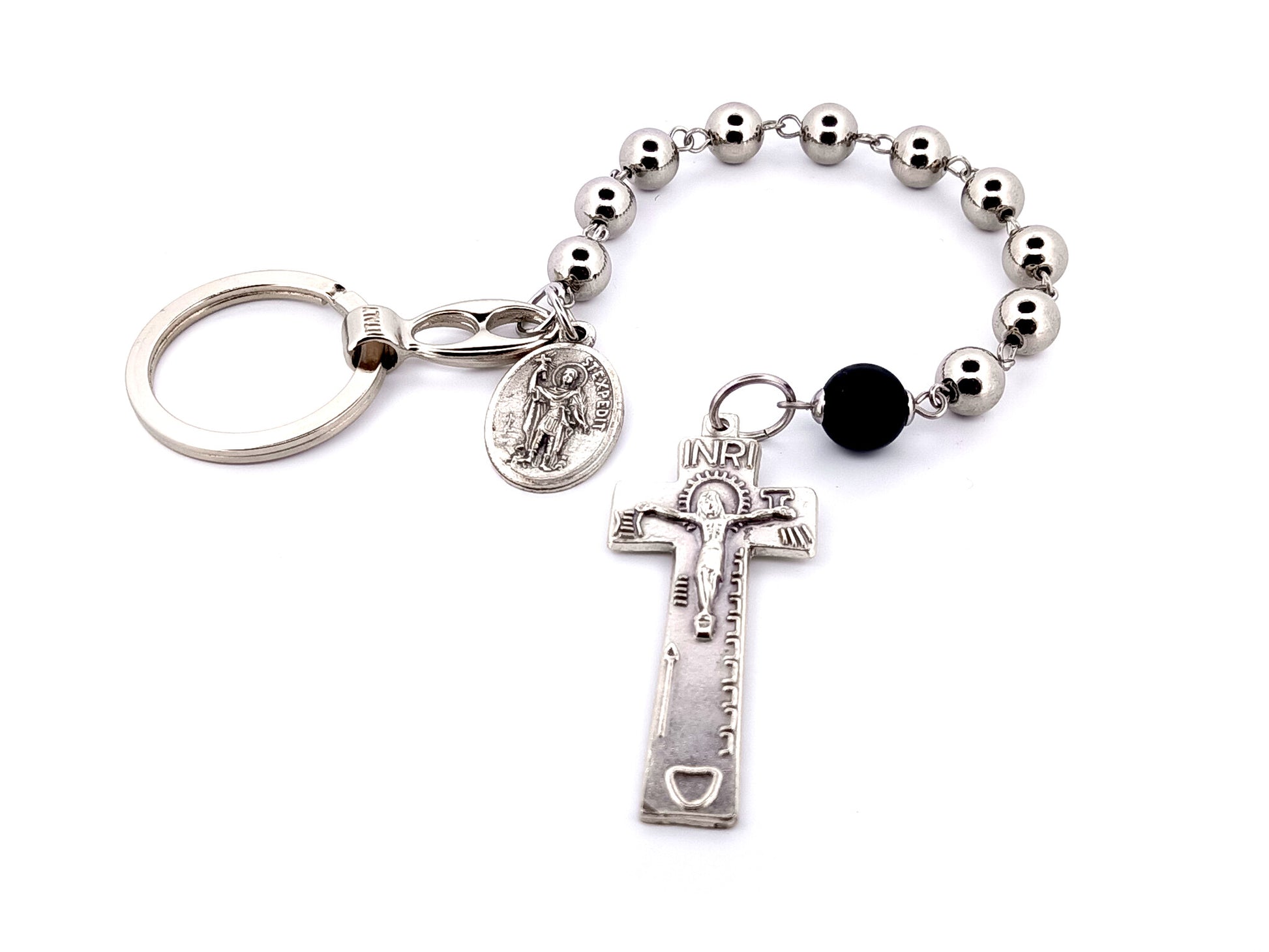 Saint Expedite unique rosary beads stainless steel single decade pocket rosary beads with Irish penal crucifix and loop clip.