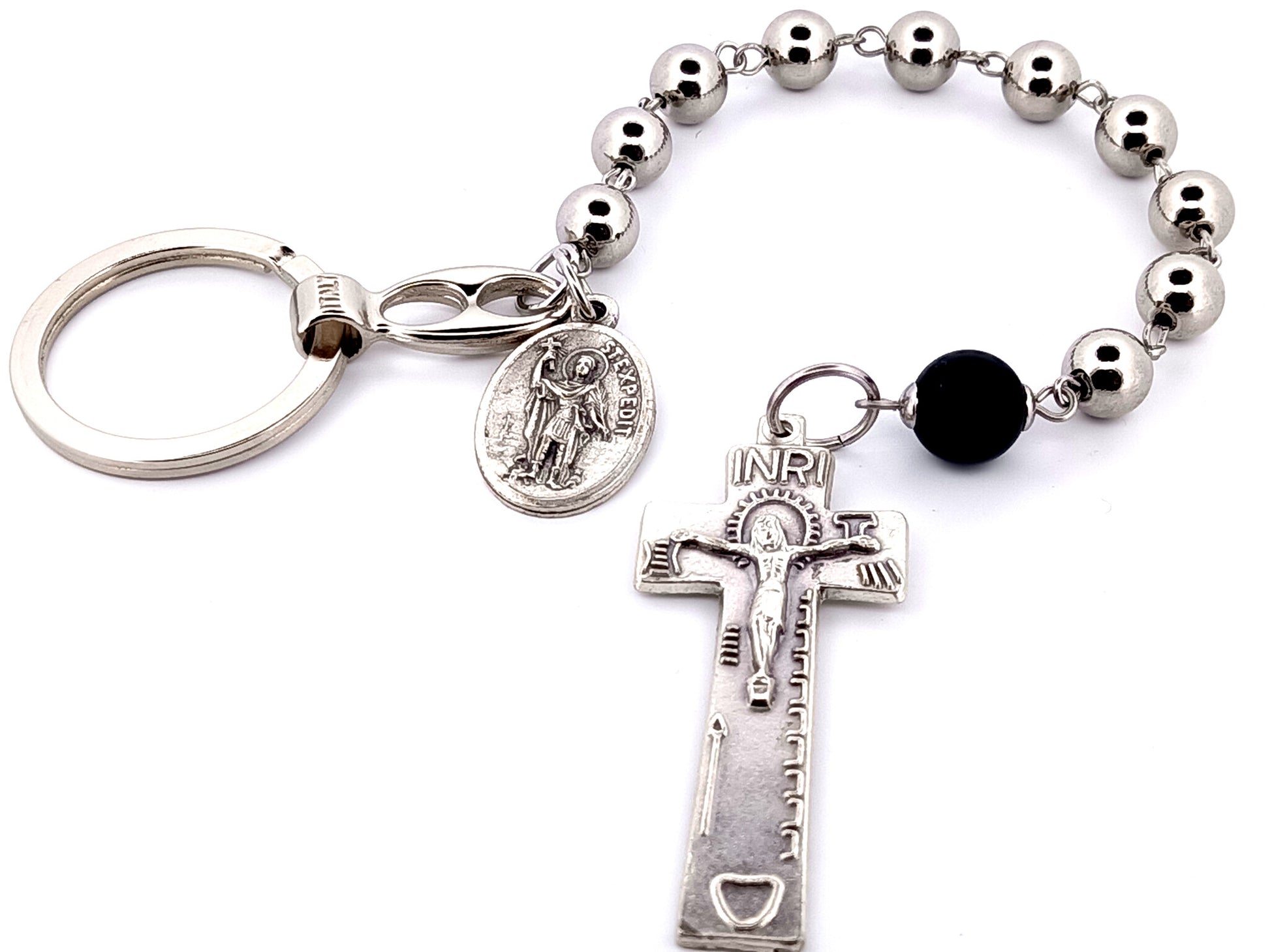 Saint Expedite unique rosary beads stainless steel single decade pocket rosary beads with Irish penal crucifix and loop clip.