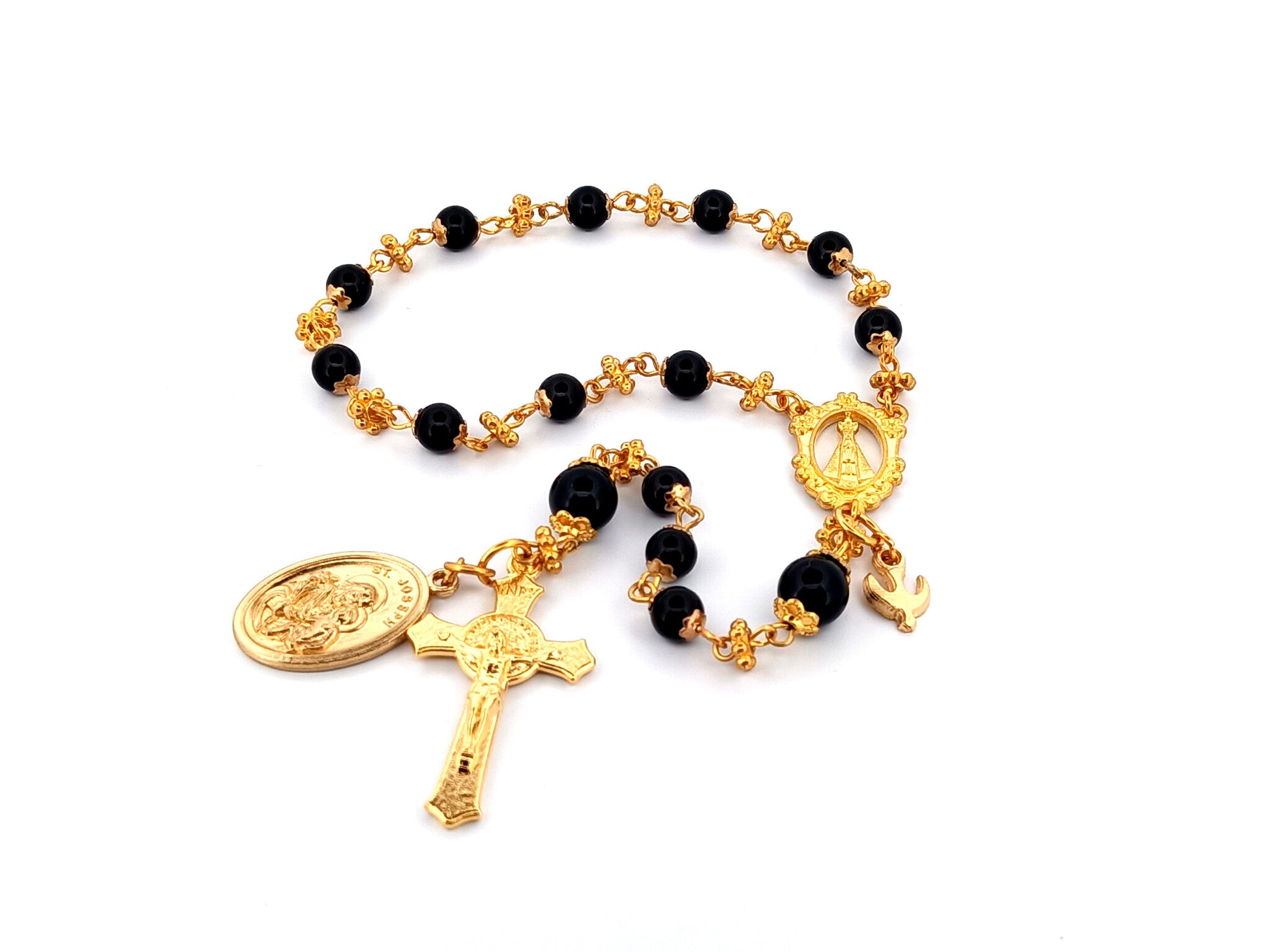 Our Lady of charity unique rosary beads onyx gemstone single decade pocket rosary beads with Saint Joseph medal.