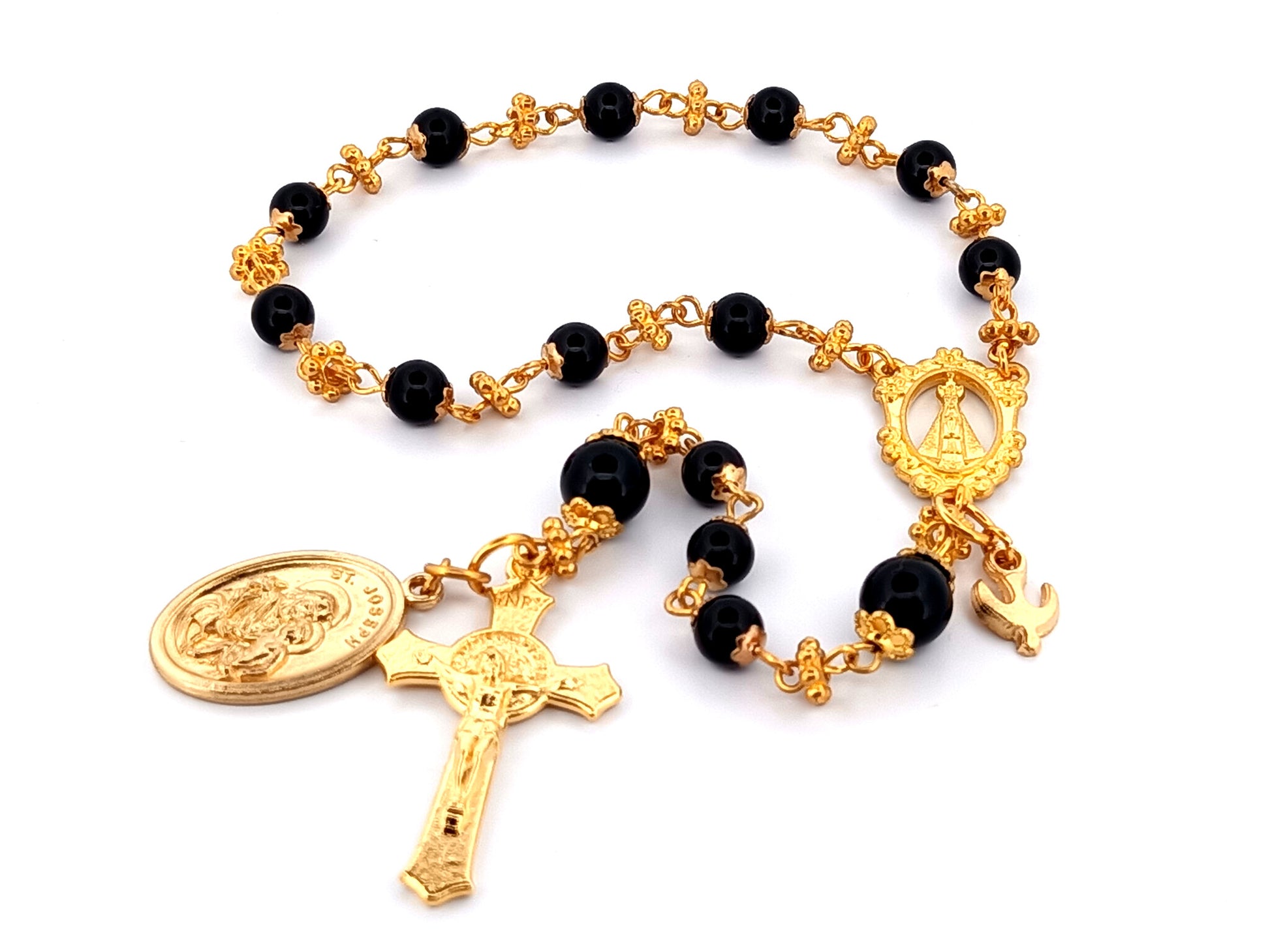 Our Lady of charity unique rosary beads onyx gemstone single decade pocket rosary beads with Saint Joseph medal.