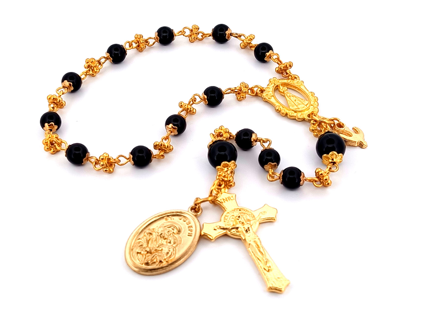 Our Lady of charity unique rosary beads onyx gemstone single decade pocket rosary beads with Saint Joseph medal.