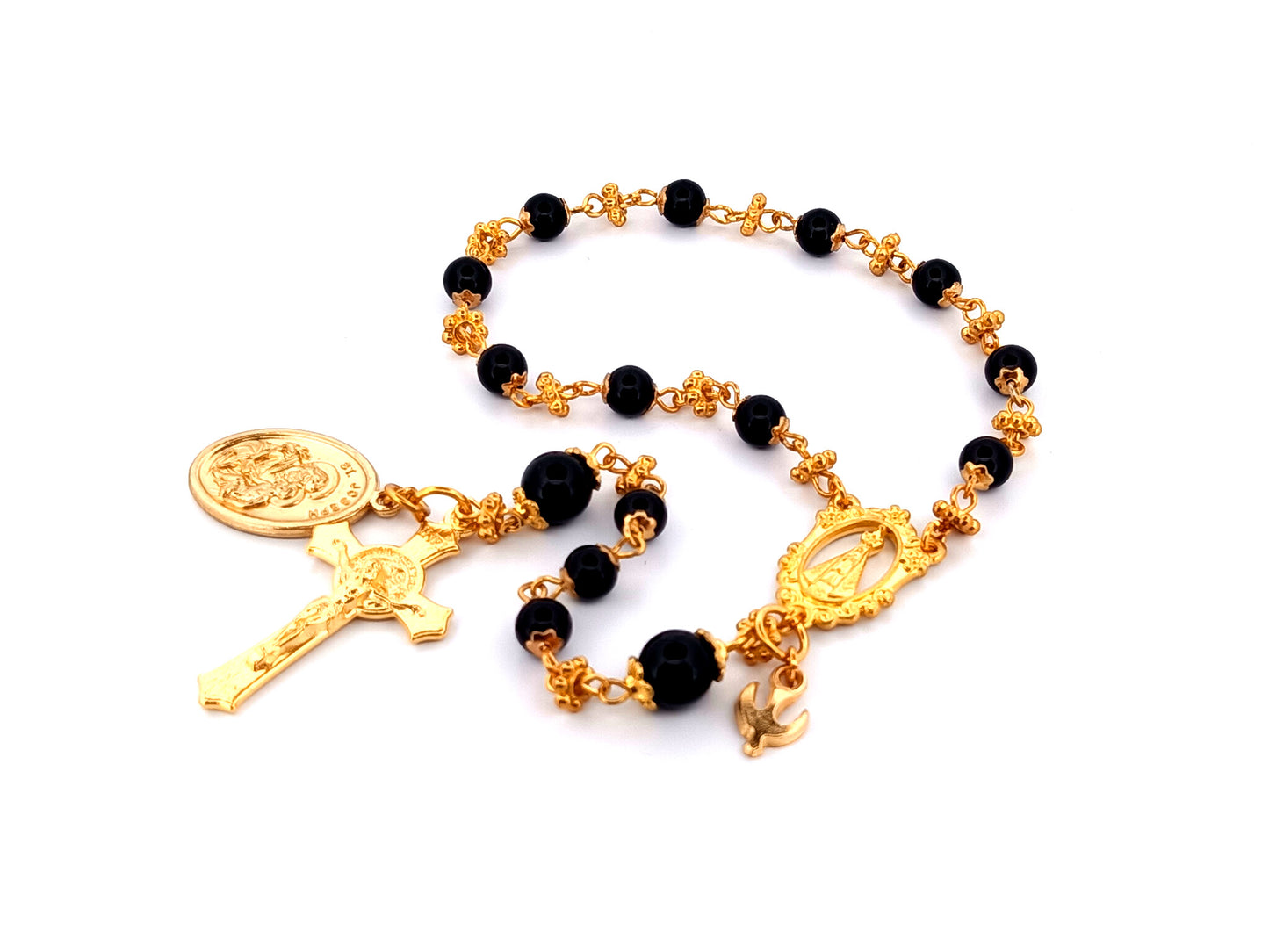 Our Lady of charity unique rosary beads onyx gemstone single decade pocket rosary beads with Saint Joseph medal.