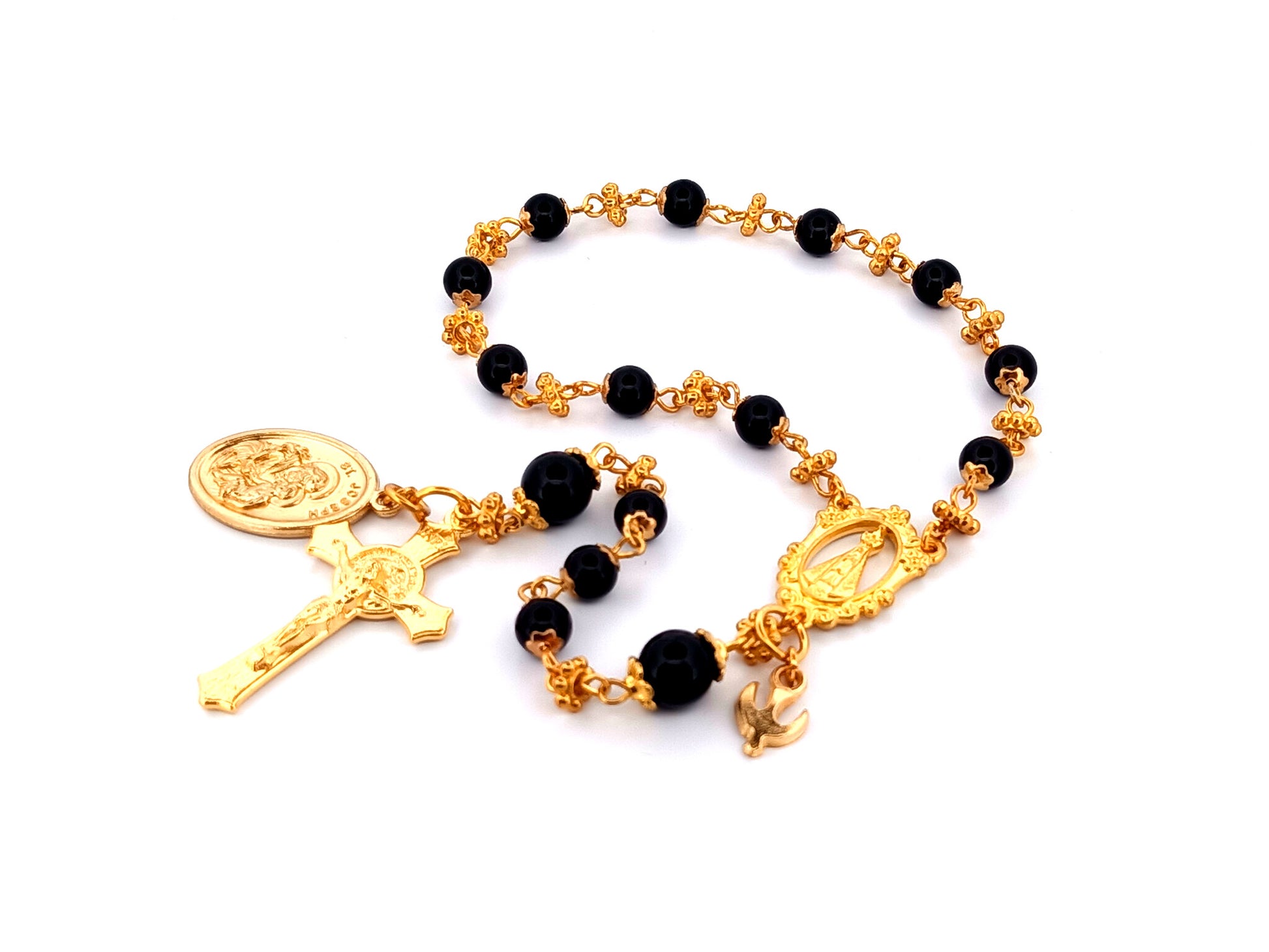 Our Lady of charity unique rosary beads onyx gemstone single decade pocket rosary beads with Saint Joseph medal.