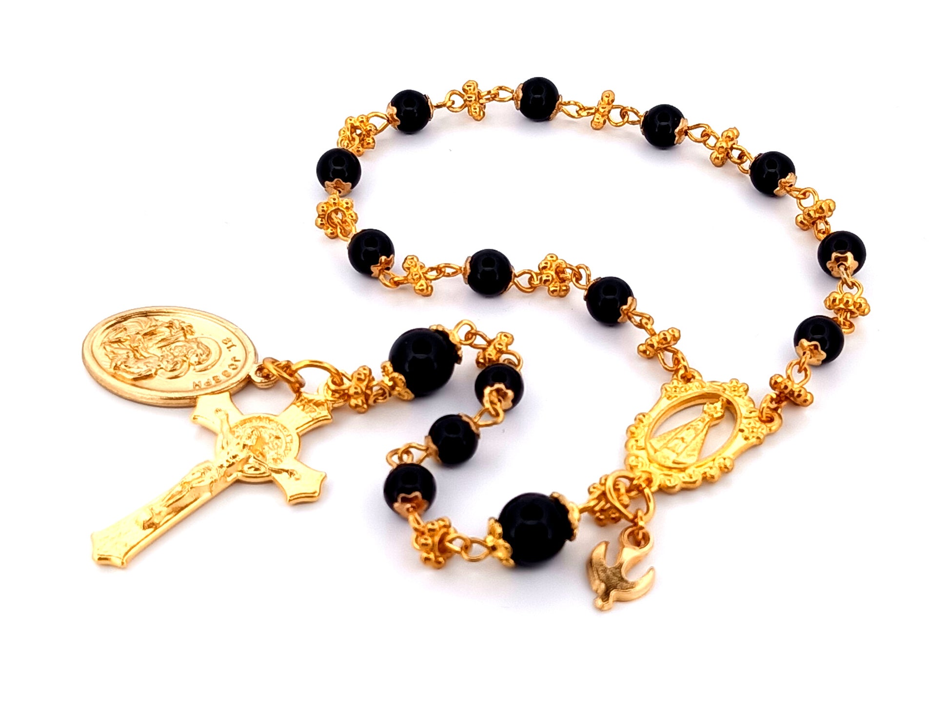 Our Lady of charity unique rosary beads onyx gemstone single decade pocket rosary beads with Saint Joseph medal.