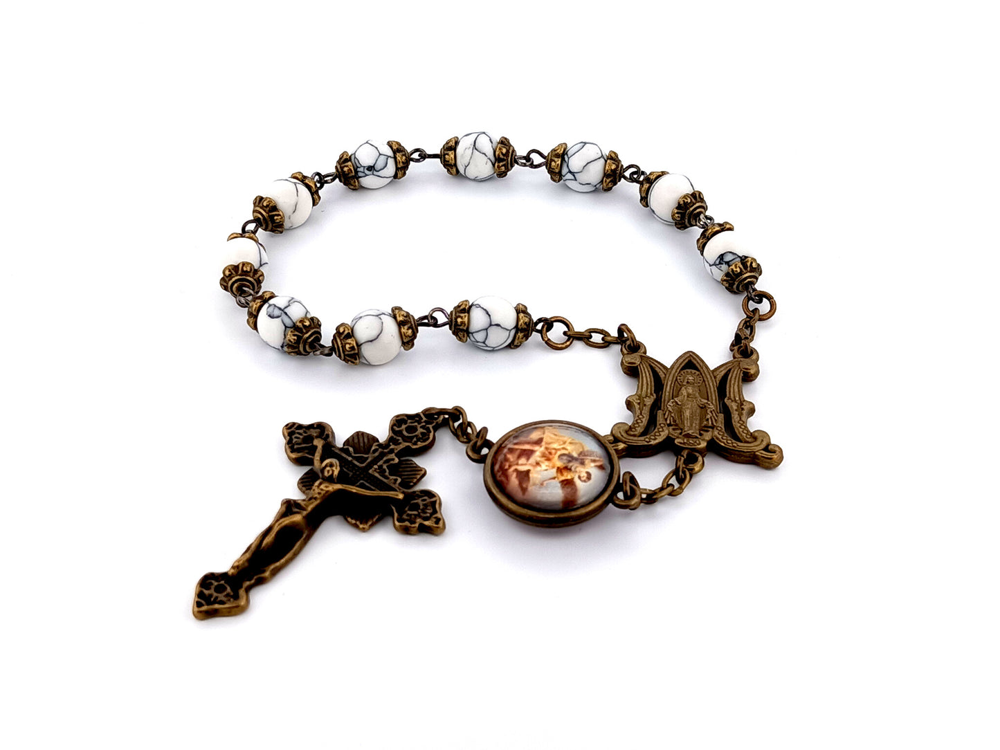 Miraculous medal and Saint Michael unique rosary beads gemstone single decade rosary beads with brass crucifix.