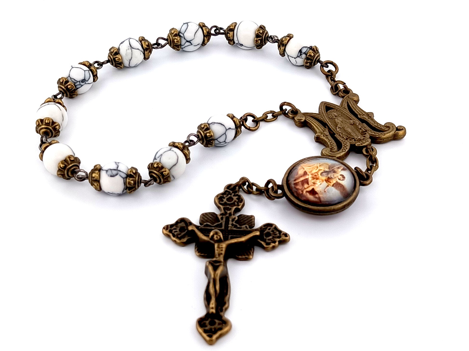 Miraculous medal and Saint Michael unique rosary beads gemstone single decade rosary beads with brass crucifix.
