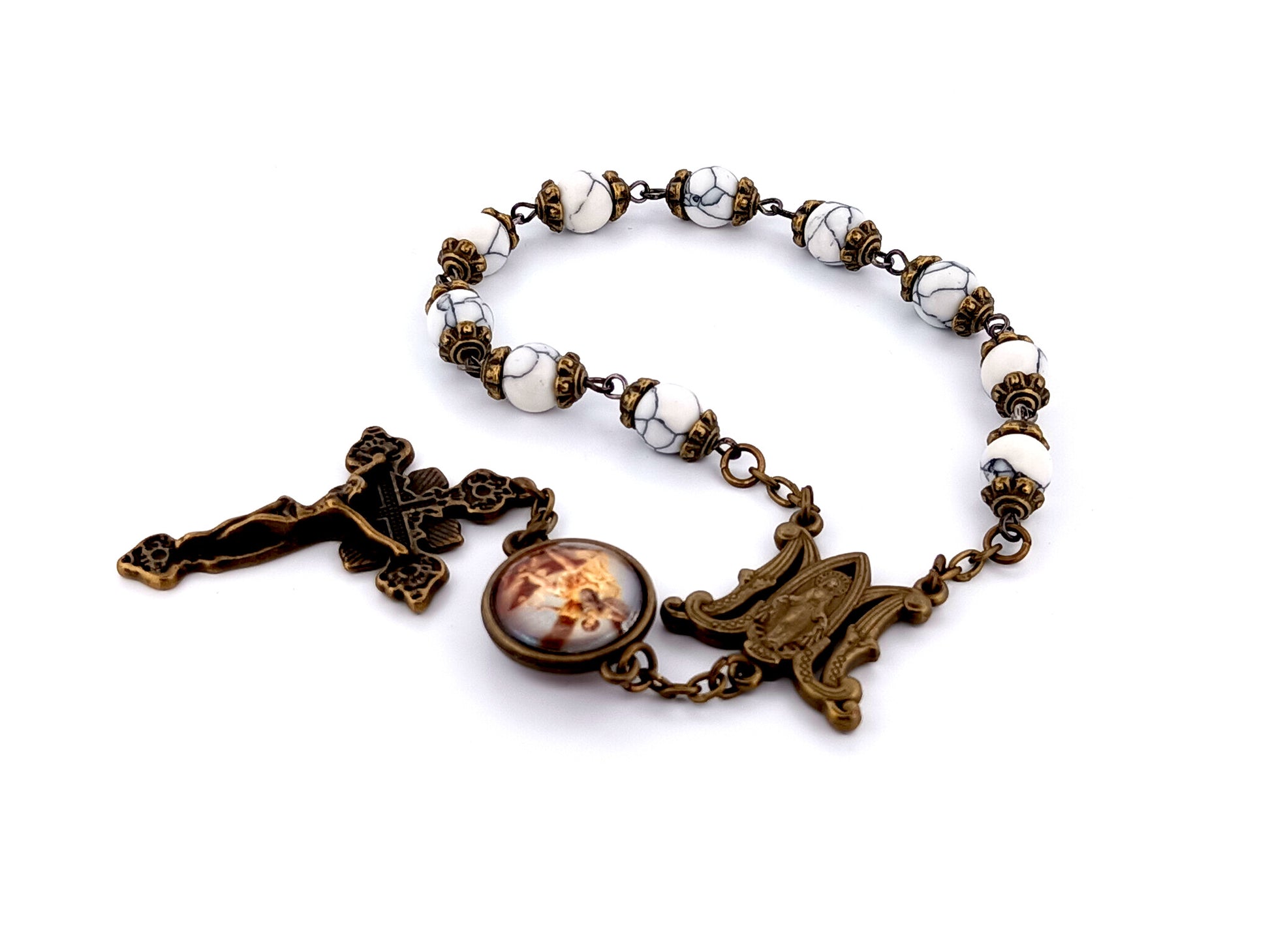 Miraculous medal and Saint Michael unique rosary beads gemstone single decade rosary beads with brass crucifix.