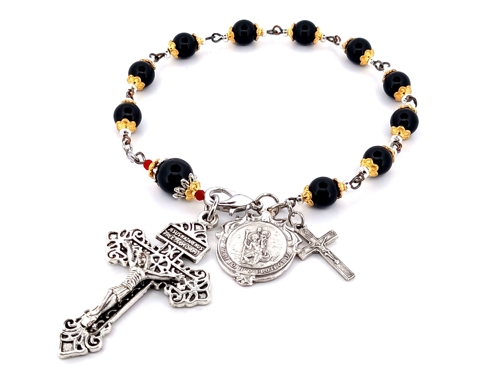 Saint Christopher unique rosary beads onyx gemstone single decade pocket rosary beads with pardon crucifix.
