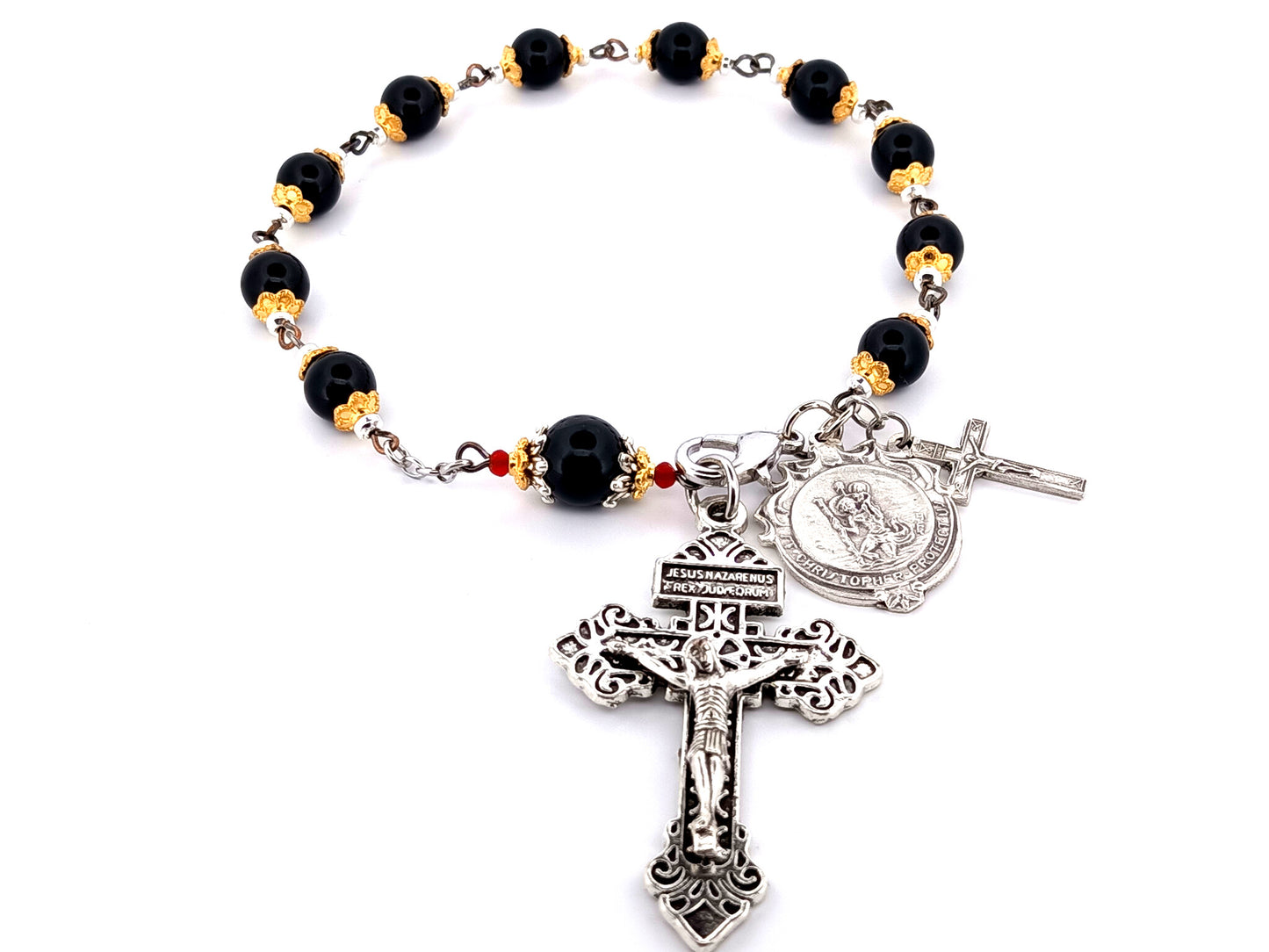 Saint Christopher unique rosary beads onyx gemstone single decade pocket rosary beads with pardon crucifix.