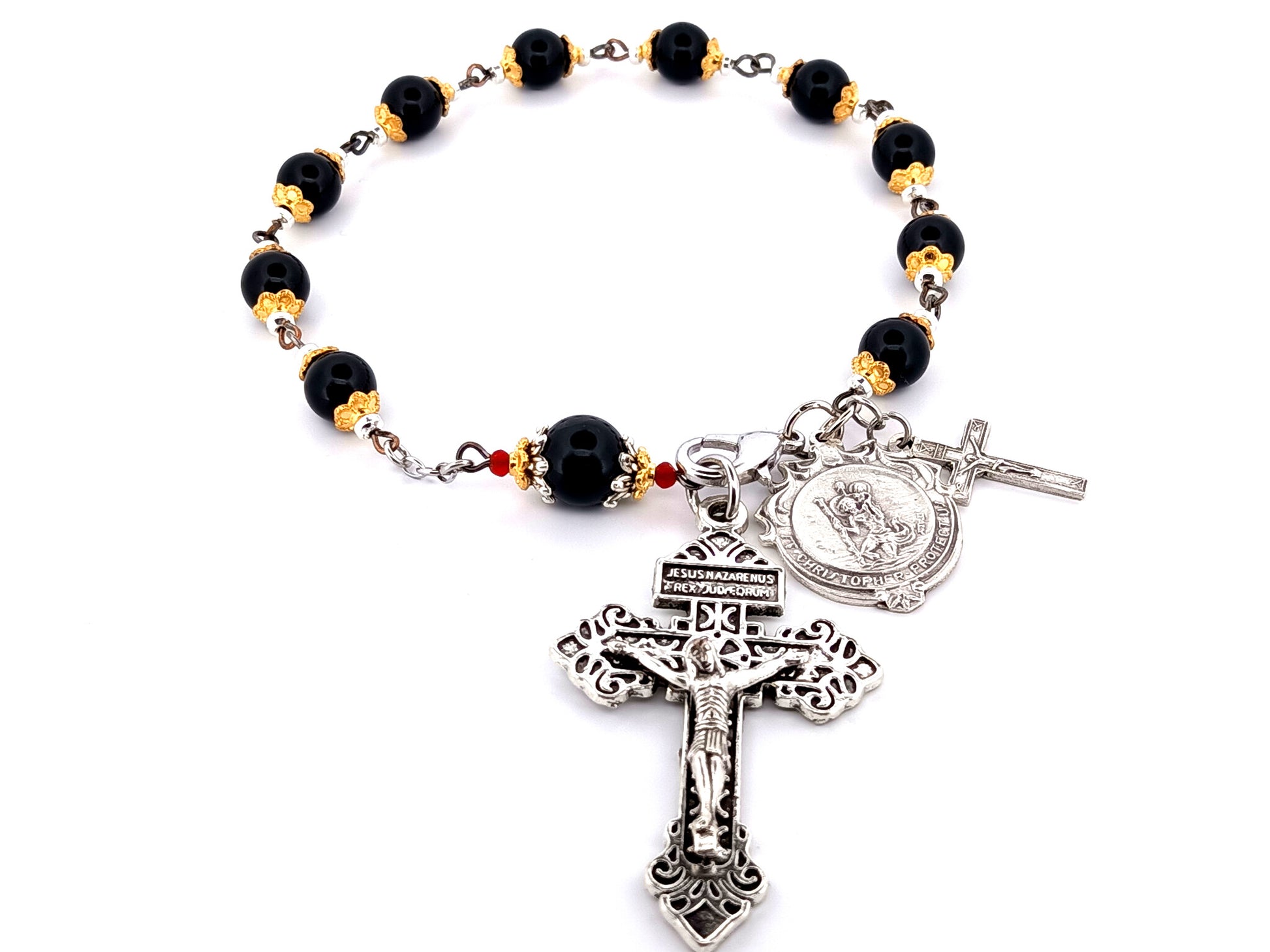 Saint Christopher unique rosary beads onyx gemstone single decade pocket rosary beads with pardon crucifix.