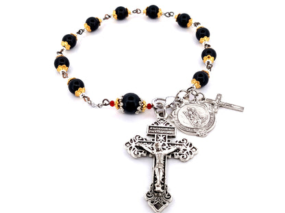 Saint Christopher unique rosary beads onyx gemstone single decade pocket rosary beads with pardon crucifix.
